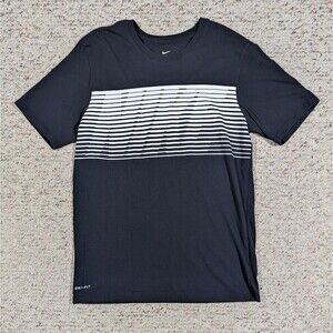 The Nike Tee T-Shirt Dri-Fit Mens MEDIUM Athletic Cut Black Large Stripe Logo